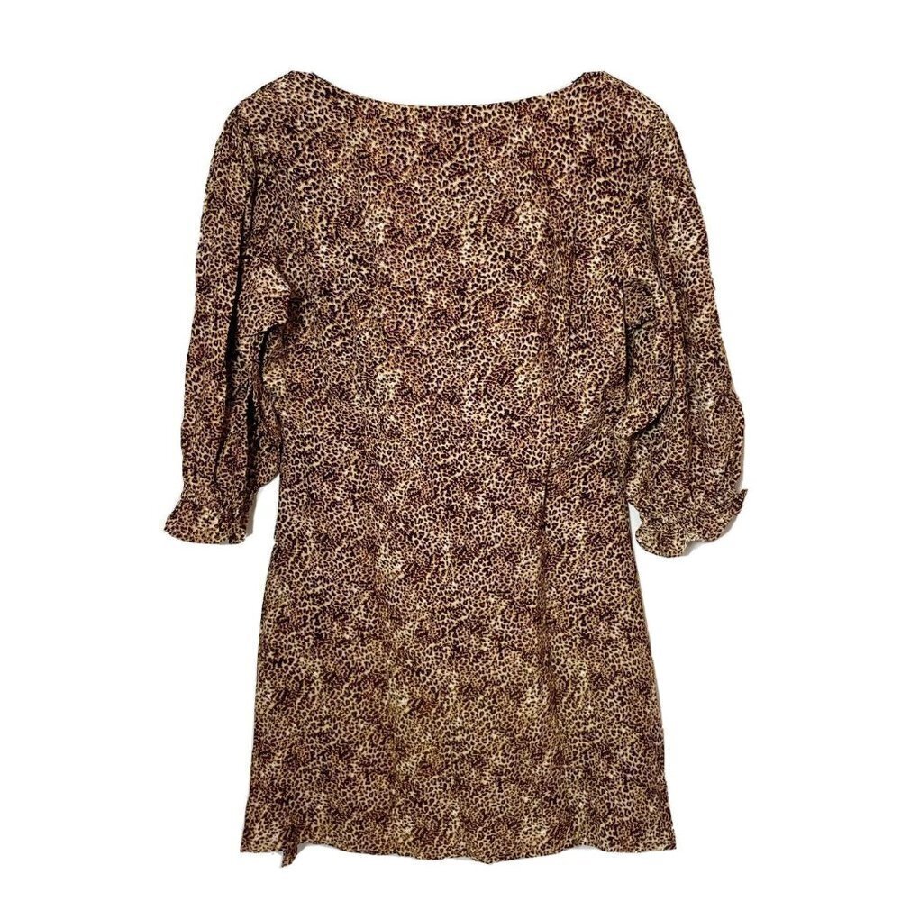 Faithfull The Brand Fontane Charlie Leopard Mini Dress Brown XL Puff Sleeves NWT